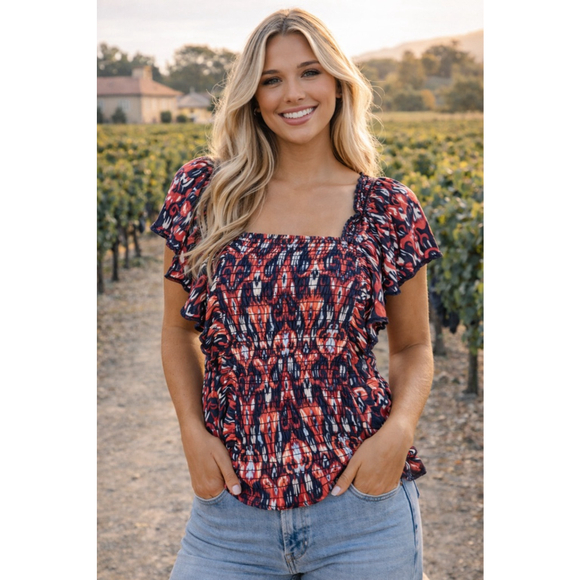 Let Me Be Boho Smocked Ikat Blouse Ruffle Sleeve Romantic Peasant Top XL Boho